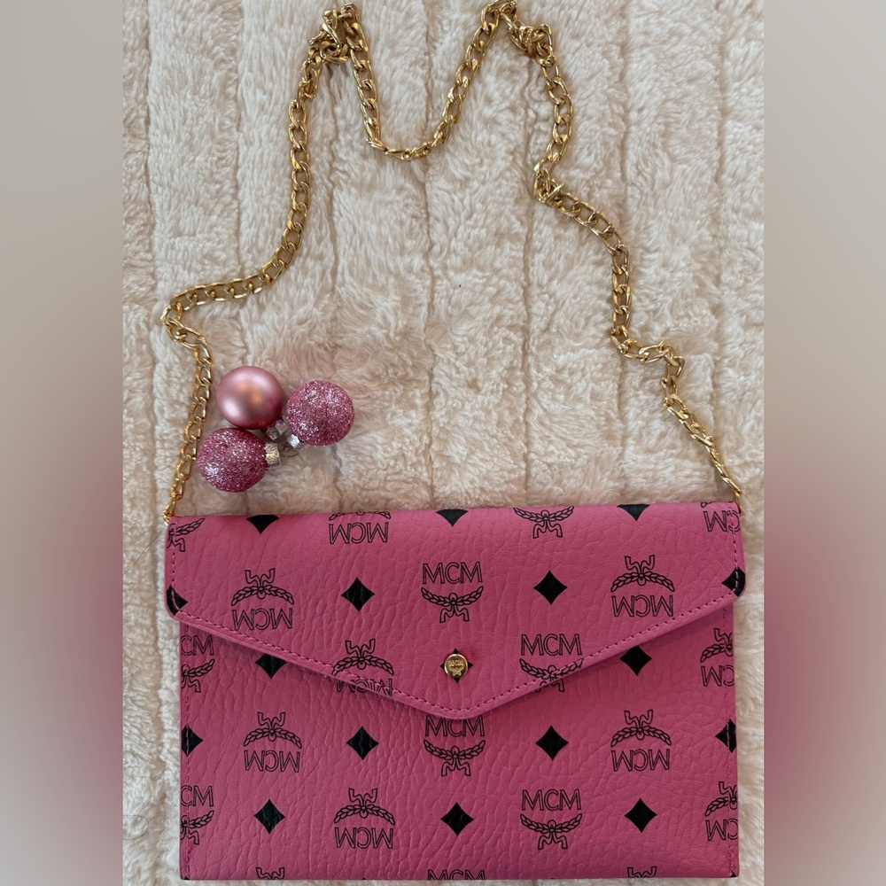 MCM Pink Monogram Envelope Pouch Clutch with Gold Chain